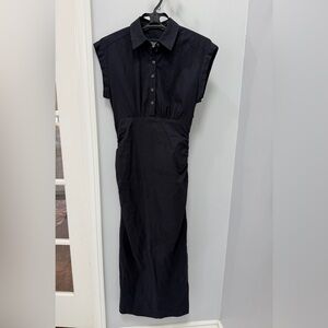 Anthropologie Black Linen Cap-Sleeve Button-Up Ruched Slim Midi Dress